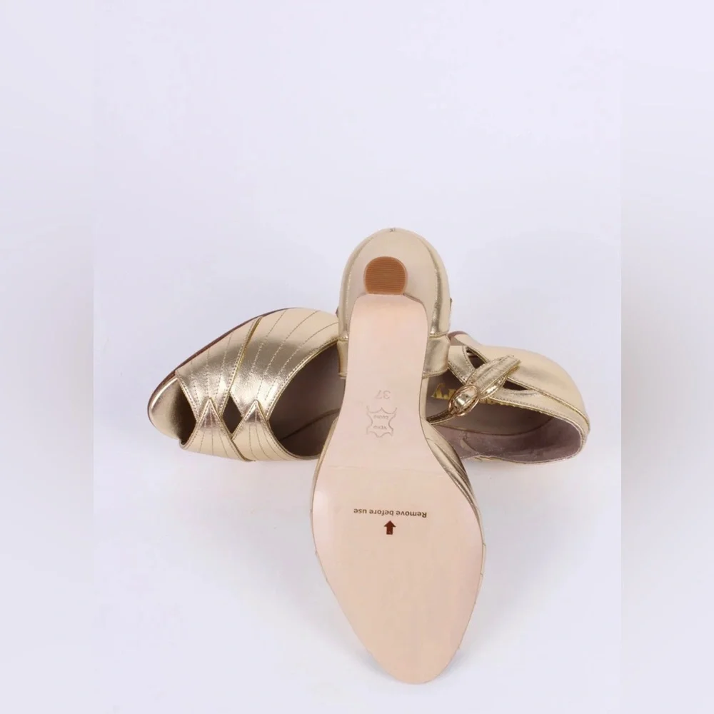 Elegant Leather Evening Shoes Spanish Heels Size 7W Gold 1920’s - Picture 8 of 13